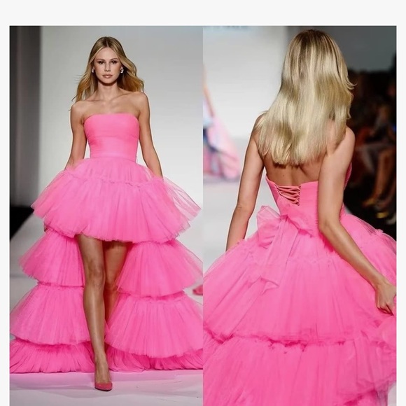 🩷 High Low Tulle Prom Dress, Long Strapless Layered Formal Party Dresses - Picture 3 of 4